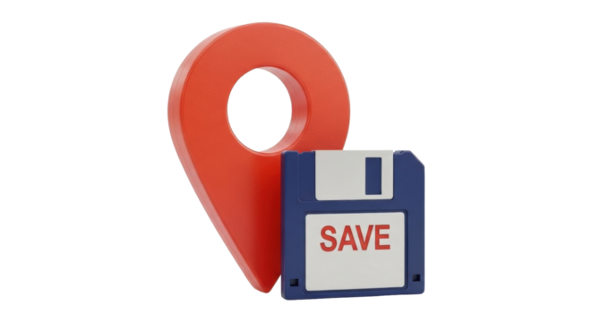 Isolated location marker with diskette for save icon concept of geolocation and backup