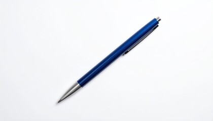 A single, blue pen, lying diagonally on a white background