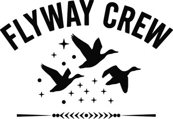 Flyway Crew – Flying Duck Silhouettes with Stars and Decorative Elements in Bold Nature-Themed Graphic