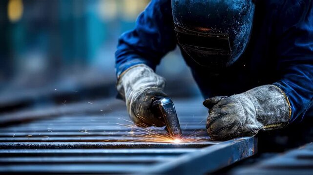 Medium shot of a craftsman welding a custom metal bracket with sparks flying the bracket sharp while the workshop background blurs softly.