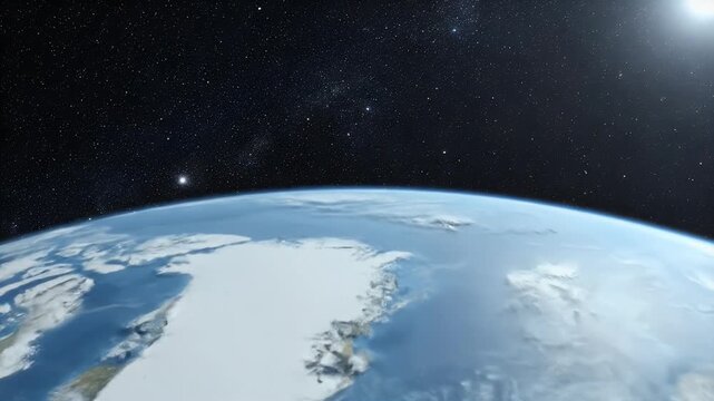 Majestic Planet Earth View from Space: Icy Polar Region, Blue Oceans, and Star-Filled Cosmos, Illuminated by Distant Sun