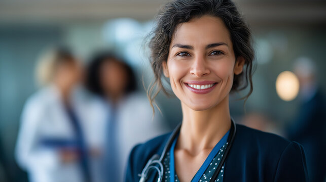 Confident female medical sales executive making strong professional introduction to physician women in pharmaceutical sales medical marketing healthcare leadership with copy