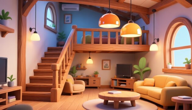 Cozy and inviting cartoon style living room with loft and wooden staircase