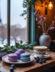 French macarons in a cafe on a plate on a table next to a cup of coffee, a bunch of lavender, scattered blueberries and blackberries against a backdrop of a winter landscape outside a window.