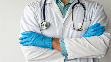 A portrait of a young doctor in a uniform with a stethoscope suggests medical care or the healthcare profession
