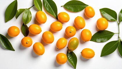 Fresh kumquats and leaves on a white background