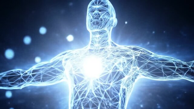 Glowing blue wireframe human figure with a bright, radiating core on a dark background
