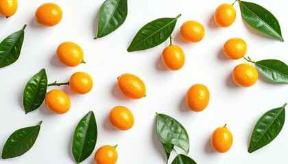 Small, vibrant orange kumquats and fresh leaves arranged on a white background
