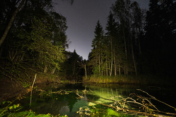 Mystical nightscape at Estonia's Saula Blue Springs, with a starry sky reflecting in the tranquil waters of the ancient forest.