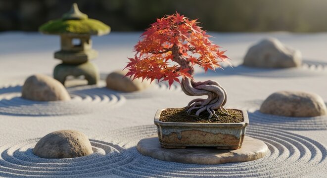 Vibrant Bonsai Tree in a Serene Japanese Zen Garden. - Powered by Adobe