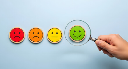 Magnifier in hand selected happy smiley face icon among emotions. Good feedback rating, positive customer review. Experience, satisfaction survey, mental health. Certificate demonstrates satisfaction.