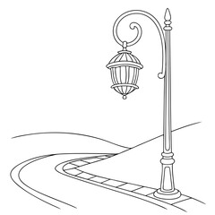 A classic ornate street lamp stands beside a winding cobblestone path leading through gentle rolling hills under a clear sky