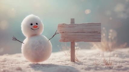 Lifting off snow after frame three small snowman drifting across snowy clearing, with wooden sign - Powered by Adobe