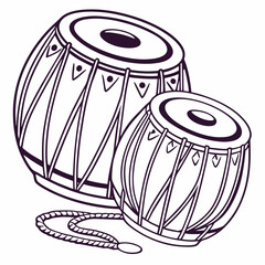 A minimalist line art illustration of two traditional indian tabla drums one larger than the other connected by a rope on a white background