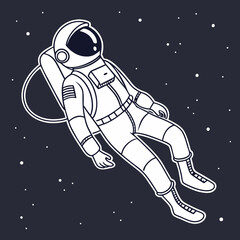 A stylized astronaut in a white spacesuit floats serenely in the vast expanse of dark space surrounded by tiny white stars