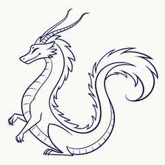 A stylized friendly cartoon dragon with long whiskers and a flowing tail stands gracefully against a white background