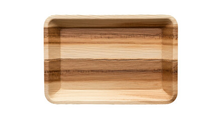 Isolated rectangular wooden tray for food presentation, rustic natural texture for dishes