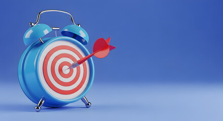 Blue alarm clock with target bullseye and dart in center symbolizing time management , and goal focus concept on yellow background. 3D Rendering. 3D Rendering