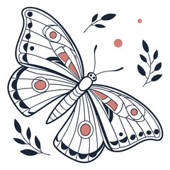 Elegant line art butterfly with delicate floral accents and subtle pink circles on a white background