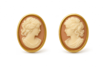 Detailed vintage cameo earrings, female profiles, transparent background