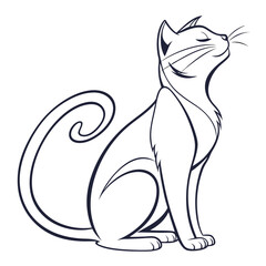 Elegant stylized black outline drawing of a contented cat sitting with eyes closed and tail curled in a graceful swirl on a white background
