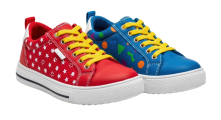 Colorful mismatched children's sneakers with star and geometric patterns isolated on white background