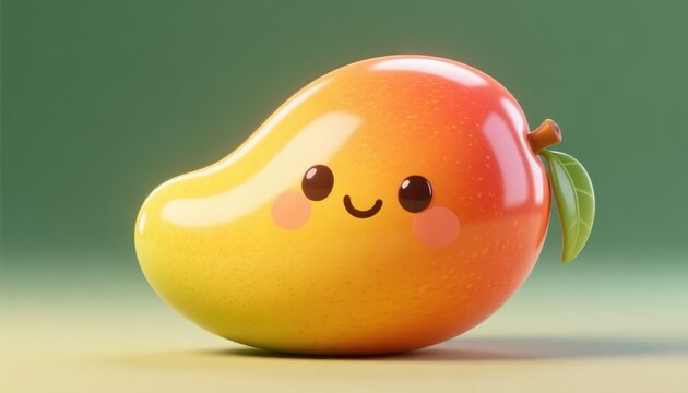 Adorable 3d cartoon mango character with a happy face and a leaf on a soft green background