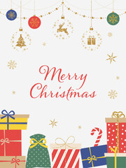 クリスマスプレゼントとオーナメントの背景白_縦長_文字あり_ベクターイラスト