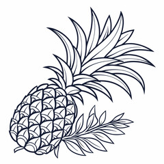 Stylized outline drawing of a tropical pineapple fruit with green leaves and crown against a white background