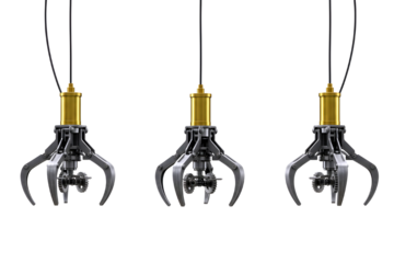 Three metallic claw machine grabbers isolated on transparent background