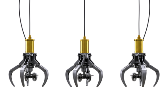 Three metallic claw machine grabbers isolated on transparent background