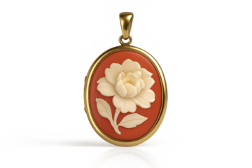 Classic flower cameo pendant in gold frame, isolated on transparent background