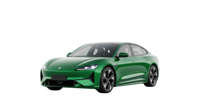 Green electric sedan car isolated PNG with Transparent Background