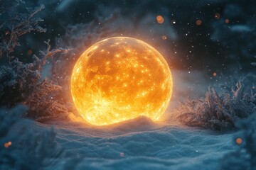 A yellow sun shining brightly on untouched snow.