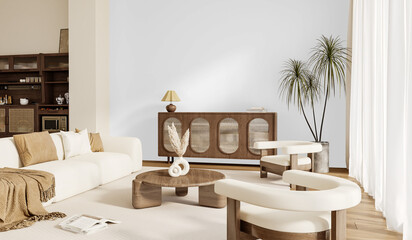 Contemporary Living Room Scene with Sofa, Armchair and Wooden Sideboard – Transparent Cut Out Background PNG