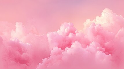 Fototapeta premium A beautiful, dreamy sky filled with soft, fluffy pink and peach-hued clouds, creating a serene, ethereal atmosphere, blurred background