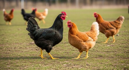 Fototapeta premium Two chickens are walking in a field with other chickens. Chickens on green grass, used in articles and marketing for local farms, natural food brands, or veterinary consultation.
