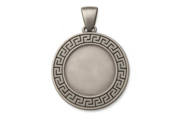 Silver oval pendant with Greek key pattern, isolated on transparent background