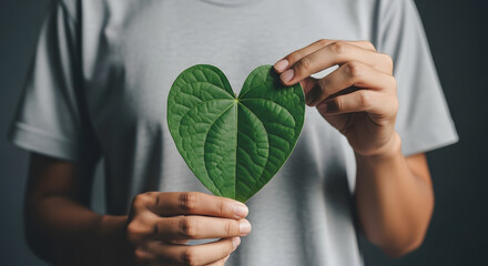 Green Energy, Renewable and Sustainable Resources. Environmental and Ecology Care Concept. Close up of Hand Holding a Heart Shape Green Leaf on Chest