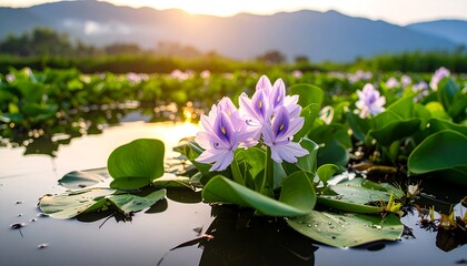 Blooming flowers on a tranquil water's edge