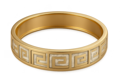Shiny gold ring with intricate Greek key pattern on transparent background