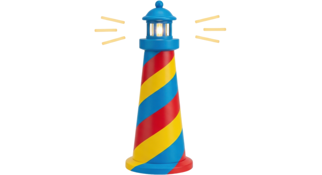 Isolated nautical lighthouse with blue top and spiraling red and yellow, safety light