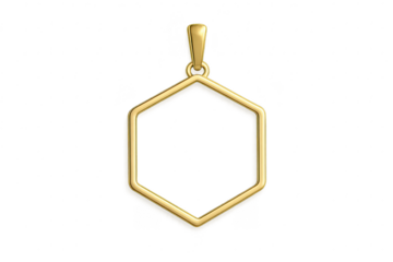 Golden hexagon pendant isolated on transparent background, shiny, luxurious.