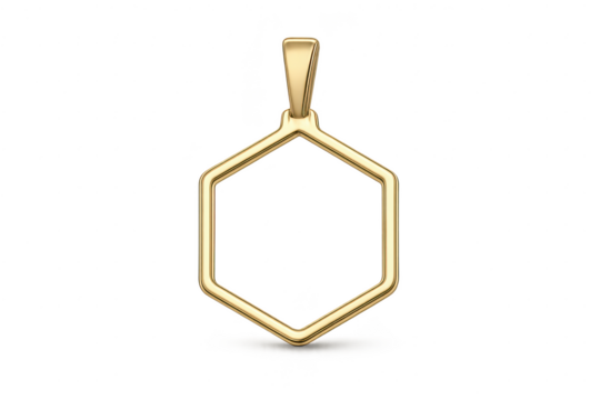 Golden hexagonal pendant, modern design, isolated on transparent background.