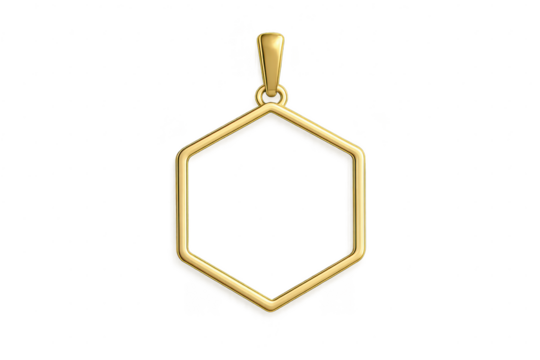 Golden hexagon pendant isolated on transparent background, shiny, luxurious.