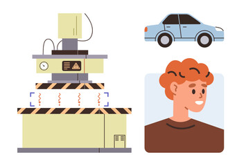 Hydraulic press exerting pressure with caution labels, accompanied by a blue car and smiling person illustration. Ideal for engineering, technology, safety, mechanics, innovation, education, science