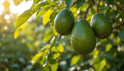 Fresh green avocados hang from the branch of a tree, showcasing their textured skin and organic shape, with vibrant foliage and blurred background bathed in warm sunlight creating a natural and...