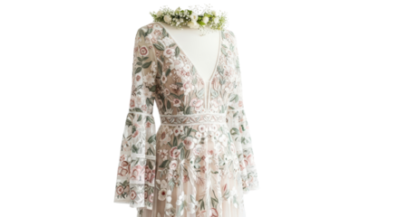 Elegant floral lace wedding dress with flower crown isolated PNG with Transparent Background