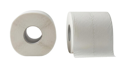 Isolated rolls of soft, quilted, two-ply, plain toilet paper, ready for use in a bathroom