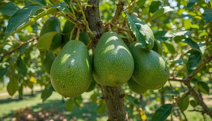 Several ripe, green, pear-shaped fruits hang from a tree branch, surrounded by lush green leaves and dappled sunlight creating a vibrant outdoor scene of abundance and freshness.